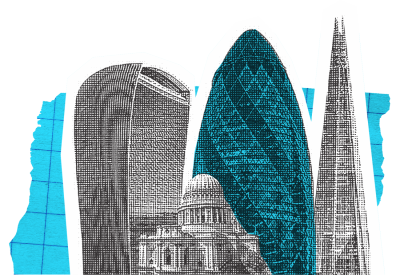Stylized illustration of iconic London buildings, including the Shard, the Gherkin, and St. Paul's Cathedral, set against a bright blue background.