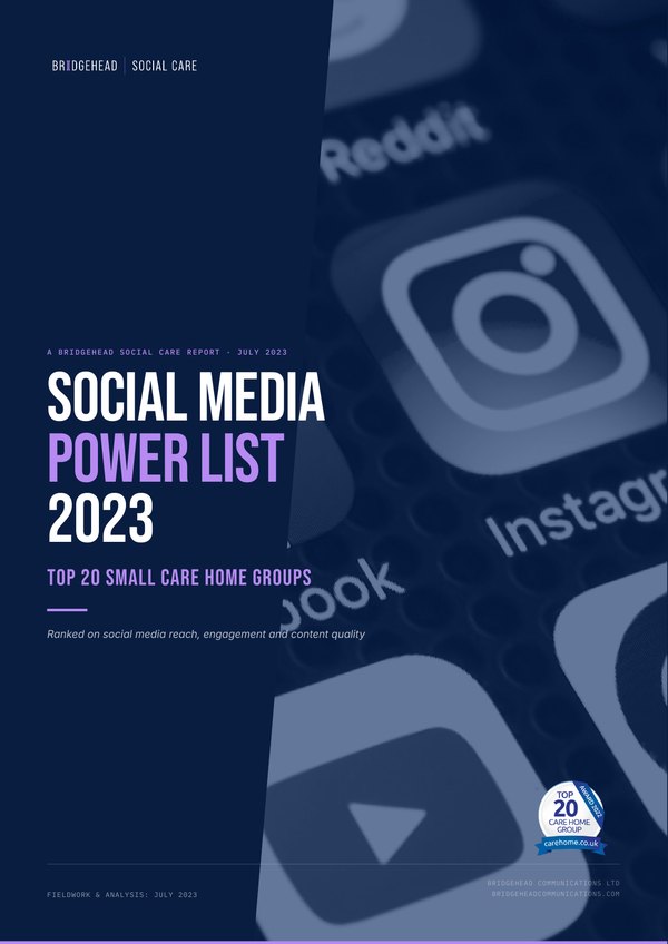 Front cover: Social Media Power List 2023 - Top 20 Small Care Home Groups