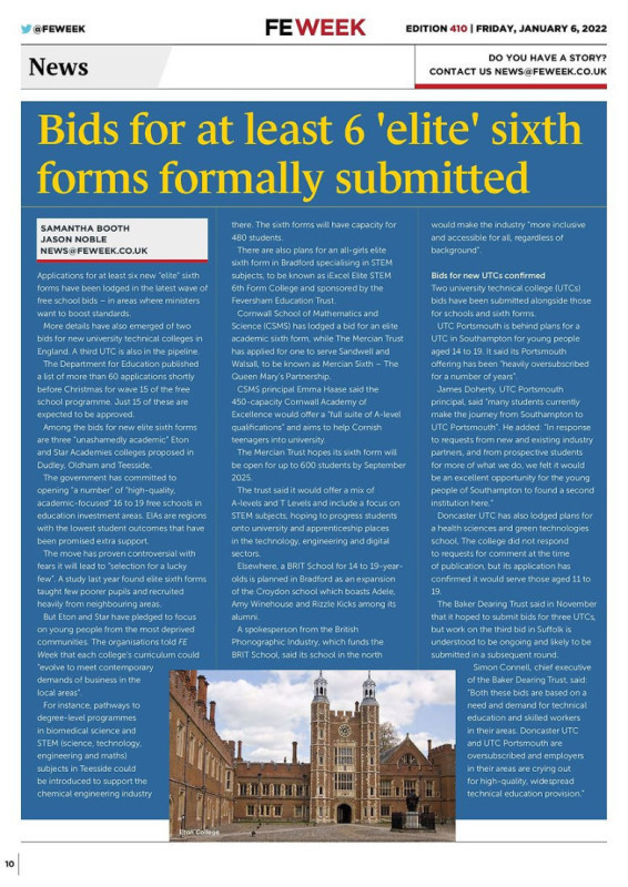 Press coverage: UTCs group seeks millions from DfE for Sleeves model in mainstream schools