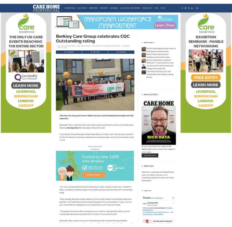 Care Home Professional coverage: Berkley Care Group celebrates CQC Outstanding rating for its homes