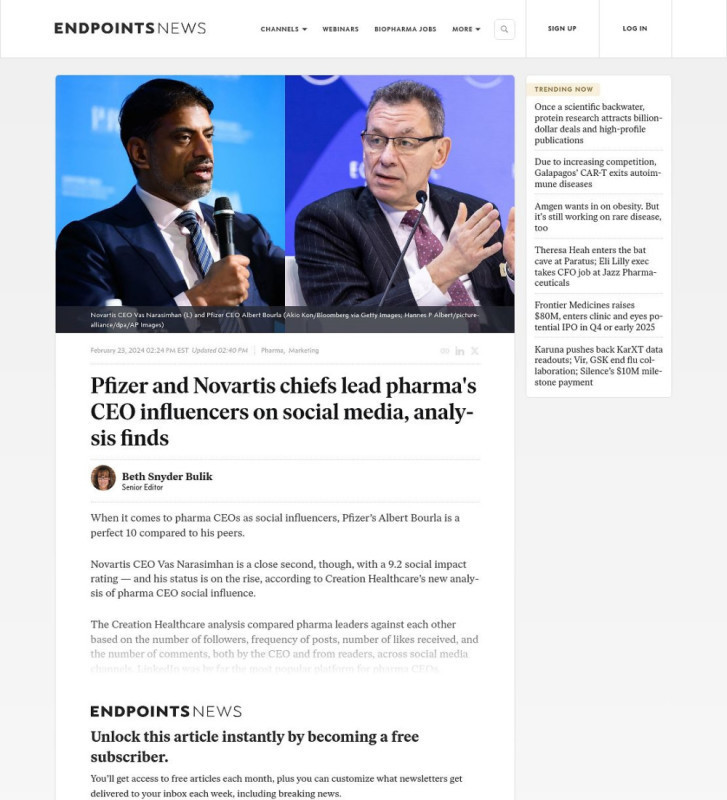 Press coverage: Pfizer and Novartis chiefs lead pharma's CEO influencers on social media