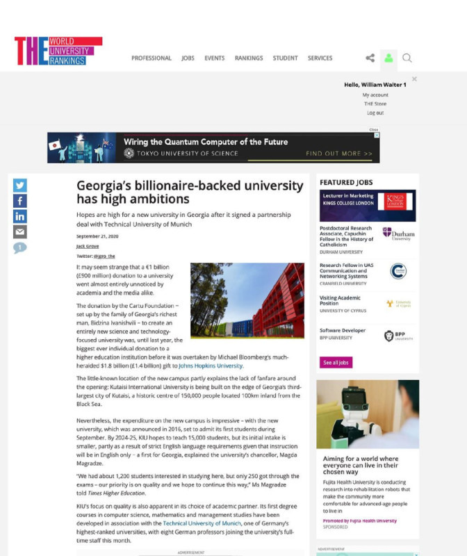 Times Higher Education coverage: Georgia's billionaire-backed university has high ambitions