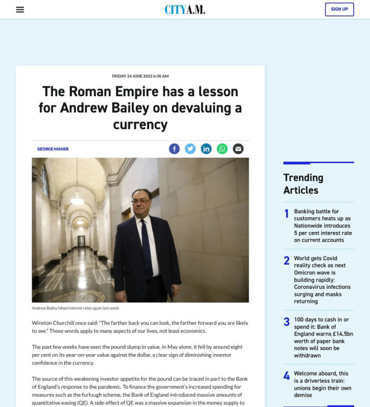 Press coverage: The Roman Empire has a lesson for Andrew Bailey on devaluing currency