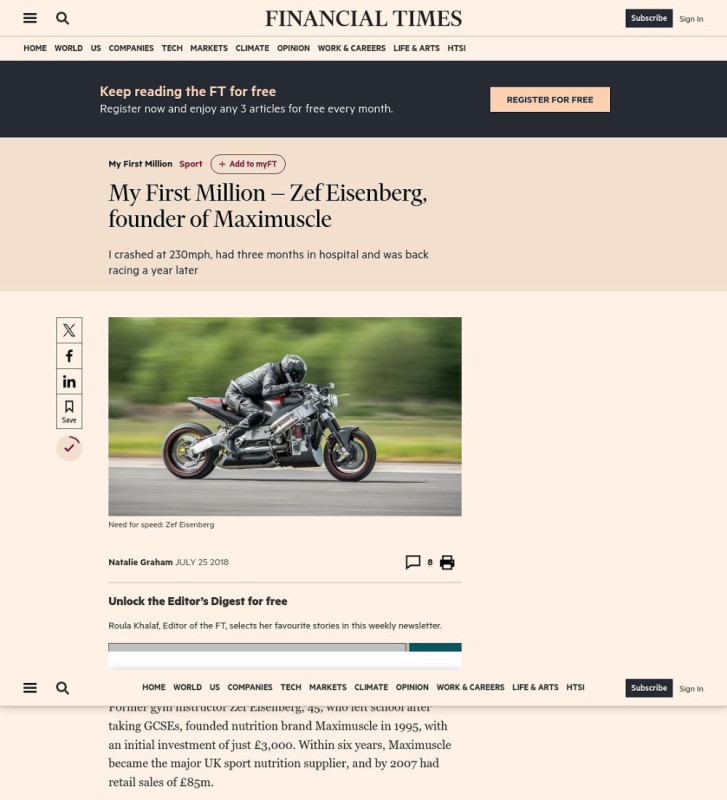 Press coverage: Maximuscle founder Zef Eisenberg on protein shakes, racing crashes and his £162m sale