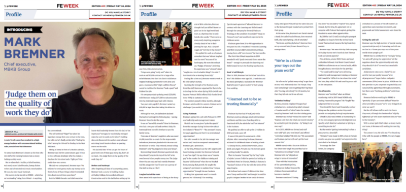 A magazine spread featuring a profile of Mark Bremner, Chief Executive of MXB Group. The left page includes a photograph of Bremner smiling, along with text introducing him. The right page contains further details about his work experiences, achievements, and quotes, accompanied by images from a recognizably formal event showcasing awards.