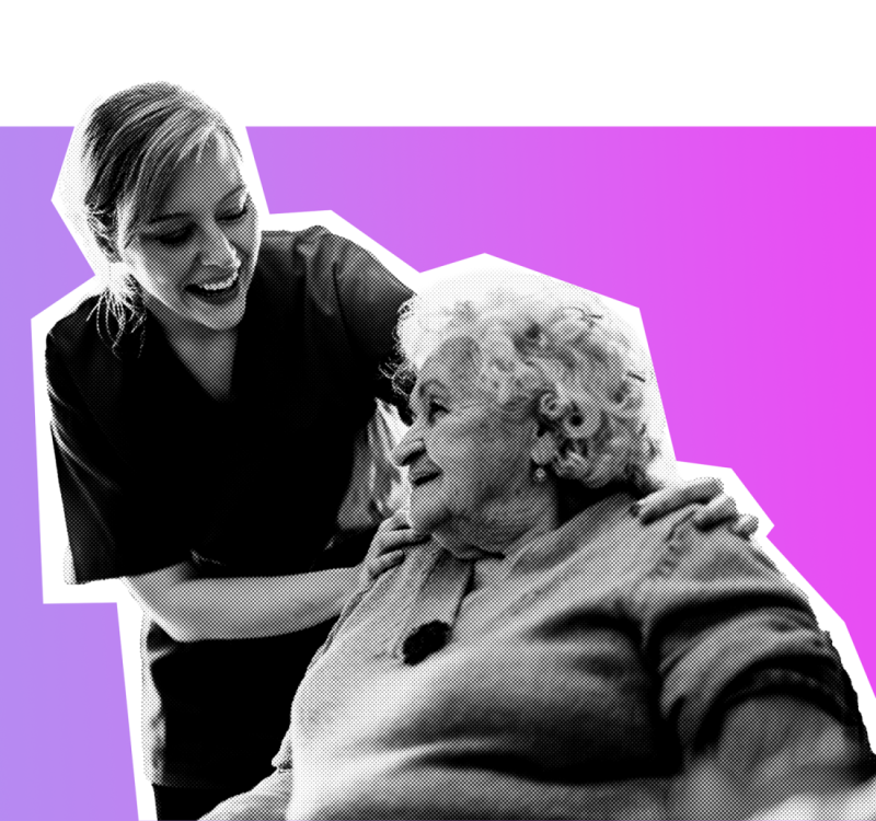 A caregiver gently interacts with an elderly woman, both smiling, against a vibrant purple and pink gradient background.