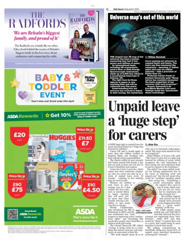 A newspaper page featuring an article about the Radford family and their achievements, alongside a piece discussing unpaid leave for carers. The layout includes images, text columns, and advertisements for baby products.