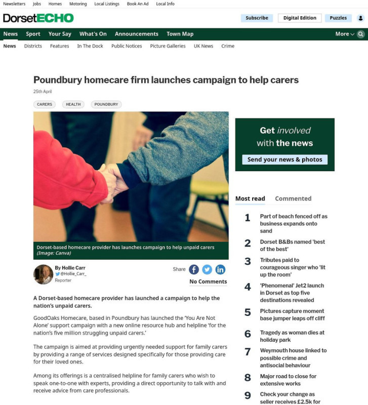 Article announcing a campaign by Goodlands Homecare in Poundbury to support unpaid carers, highlighting their "You Are Not Alone" initiative aimed at providing online resources and help.