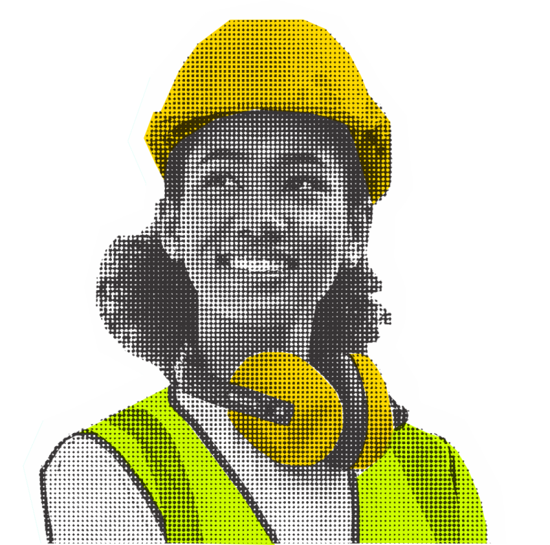 A smiling woman wearing a yellow hard hat and protective ear muffs, dressed in a bright safety vest. The background features vibrant geometric shapes.