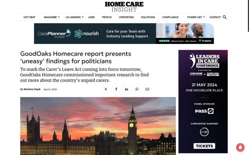 Headline and article about GoodOaks Homecare presenting findings on the impact of the Carer's Leave Act on unpaid carers, highlighting concerns for politicians