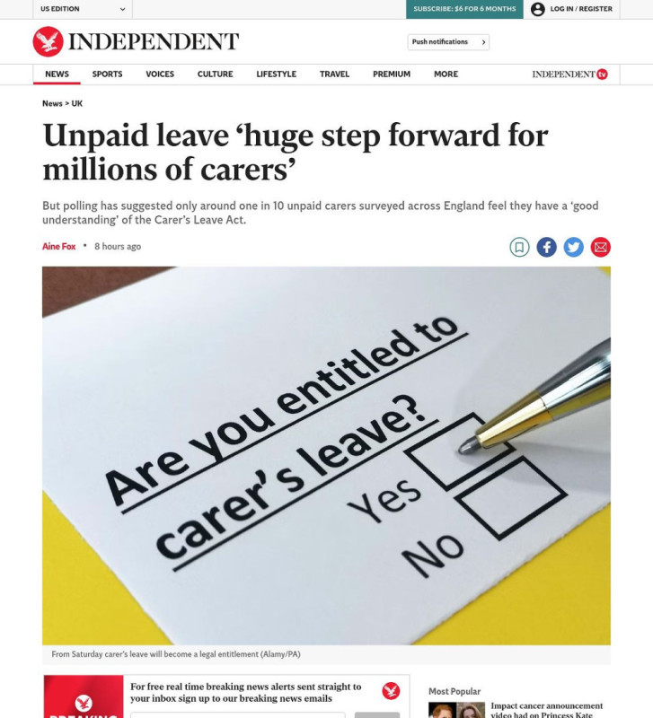 A survey questioning if individuals are entitled to carer's leave, with options for "Yes" and "No." The headline discusses unpaid leave as a significant advancement for carers in England.