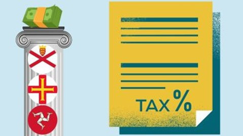 A column with flags representing Jersey, Guernsey, and the Isle of Man, alongside a yellow document prominently labeled "TAX%." A stack of cash sits atop the column.