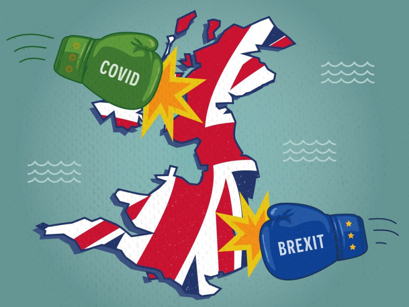 A stylized map of the United Kingdom featuring the Union Jack design is depicted with boxing gloves labeled "COVID" and "BREXIT" colliding, symbolizing the impact of these events on the region. The background includes wavy lines to suggest movement or conflict.