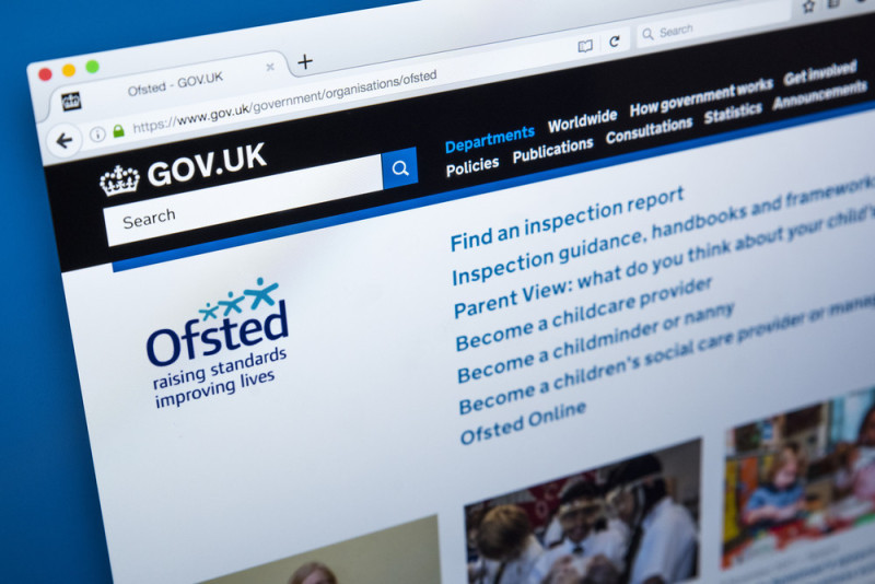 Screenshot of the Ofsted section on the GOV.UK website, displaying information on inspection reports, guidance, and how to become a childcare provider or nanny.