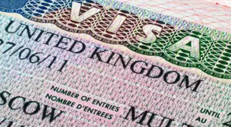 A close-up view of a UK visa document, featuring intricate designs and various textual elements, including "United Kingdom" and "Number of Entries."