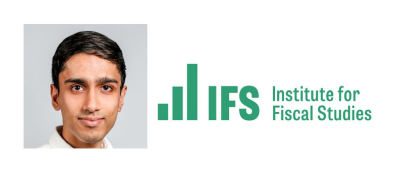 A young man with dark hair and a friendly expression is seen alongside the logo of the Institute for Fiscal Studies, featuring green bars and the abbreviation "IFS."