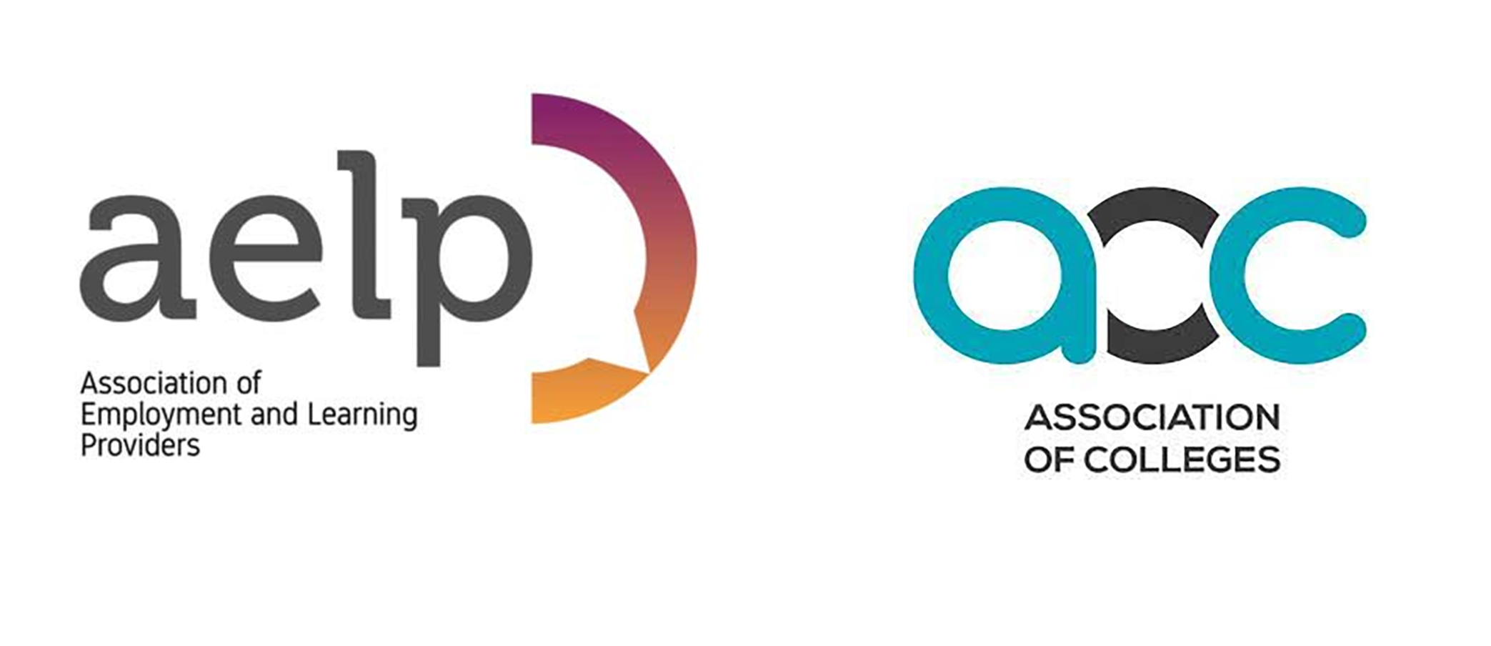 Logos of two organizations: AELP (Association of Employment and Learning Providers) on the left and AoC (Association of Colleges) on the right, featuring distinct color schemes and designs.