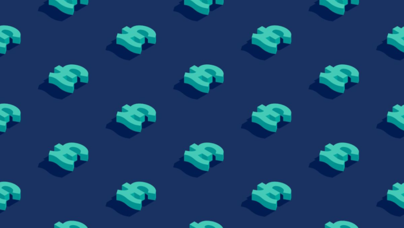 A pattern of three-dimensional dollar signs in shades of teal against a dark blue background.