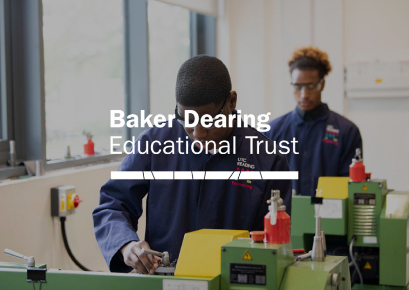 Students engaged in hands-on engineering work at a workshop, focusing on machinery. The environment is bright and modern, featuring large windows. Text overlay includes "Baker Dearing Educational Trust" and "UTC Reading Engineering."