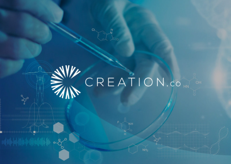 A scientist's hand holding a pipette over a Petri dish, with molecular structures and data visualizations in the background. The logo "CREATION.co" is prominently displayed in the center.