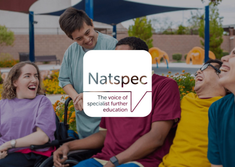 A diverse group of young adults and a child, sitting in a park, laughing and enjoying each other's company. Colorful clothing adds vibrancy to the scene, with greenery and play equipment in the background. The NatSpec logo is prominently featured in the center.