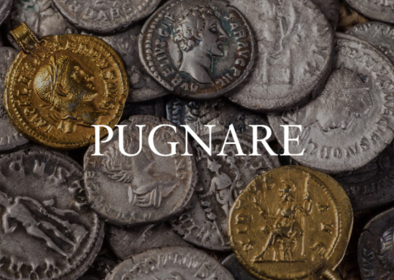 A collection of ancient coins, featuring silver and gold pieces, with the word "PUGNARE" prominently displayed in the center.