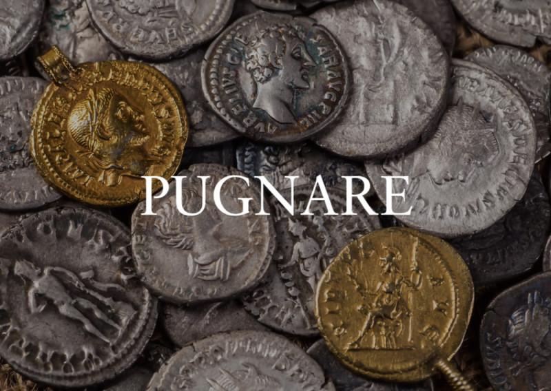 A collection of ancient coins, featuring silver and gold pieces, with the word "PUGNARE" prominently displayed in the center.