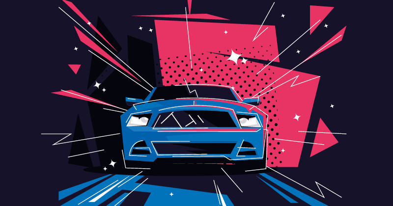 A stylized blue sports car drives forward with dynamic lines and shapes radiating from it, creating a sense of speed and motion against a dark background.