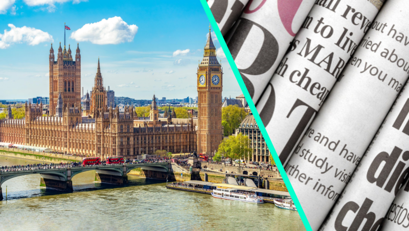 The image features the iconic Houses of Parliament and Big Ben in London, with a bright blue sky above. In the foreground, a close-up of rolled newspapers showcases bold, stylized headlines and text.