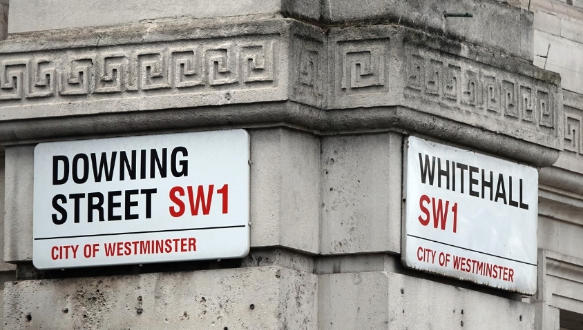 Signs for Downing Street and Whitehall, both located in the City of Westminster, displaying their respective postal codes SW1.