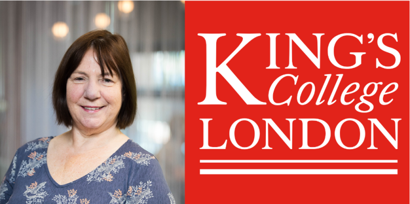 A woman with shoulder-length brown hair smiles warmly, wearing a floral blouse, next to the King's College London logo.