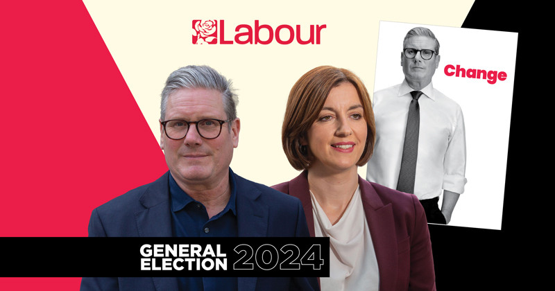 Labour Party promotional graphic featuring two individuals prominently in the foreground, with the text "General Election 2024" at the bottom. An additional image of a man with the word "Change" is in the background.