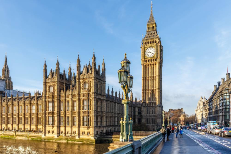 The iconic Big Ben clock tower alongside the Houses of Parliament, framed by a clear blue sky. People stroll on the bridge, with a vintage lamp post adding to the scene.