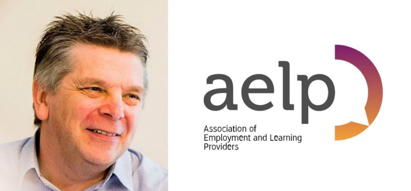 A smiling man with short, graying hair beside the logo of the Association of Employment and Learning Providers (AELP), featuring the acronym "aelp" in a modern font.