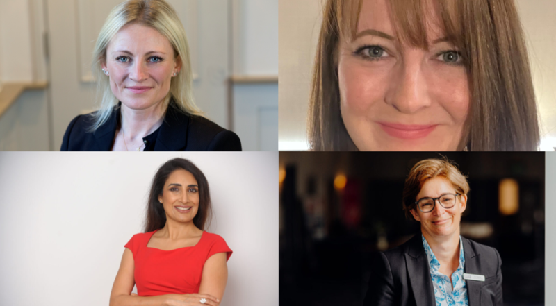 Four professional portraits of women. The top left features a blonde woman with a black blazer. The top right shows a woman with long brown hair smiling. The bottom left showcases a woman in a red dress with crossed arms. The bottom right presents a woman wearing glasses and a dark blazer, smiling warmly.