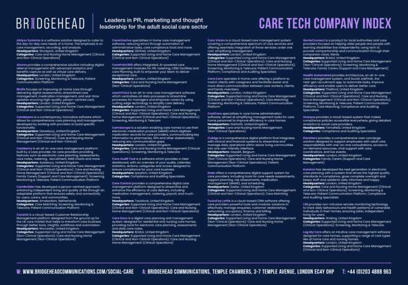 A detailed index of care tech companies and their services, listing various organizations along with brief descriptions of their focus areas in the social care sector. The layout is structured with headings and contact information for Bridgehead Communications.