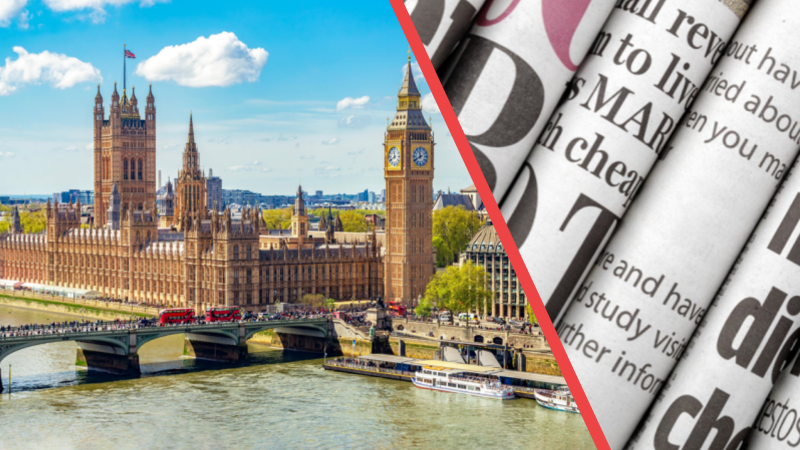 A panoramic view of the Houses of Parliament and Big Ben in London, with a river and boats in the foreground. On the right, close-up images of newspapers with headlines and text.
