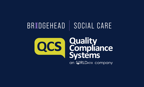 Logo for Quality Compliance Systems (QCS), a subsidiary of RLDatix, with the words "Bridgehead" and "Social Care" above it on a dark blue background.