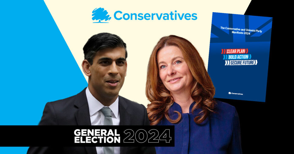 A split graphic featuring Rishi Sunak in a suit on the left, a woman with long brown hair smiling on the right, and a campaign brochure in the center with the title "The Conservative and Unionist Party Manifesto 2024." The background is divided with blue and white sections. Text at the bottom reads "General Election 2024."