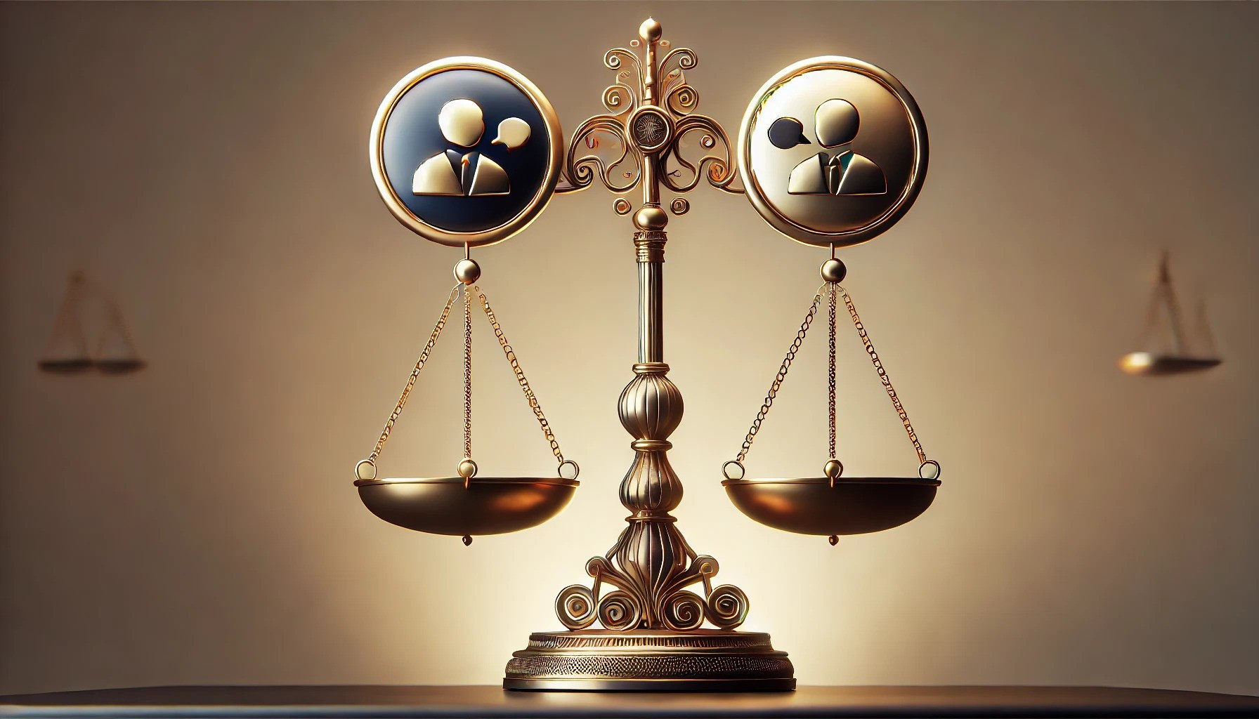 A decorative golden scale with two circular icons: one features two figures and the other shows a figure with a magnifying glass. The background is softly lit, adding to the elegant and serious tone of the image.