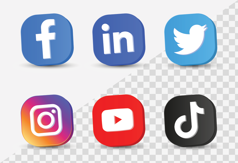 Logos of popular social media platforms, including Facebook, LinkedIn, Twitter, Instagram, YouTube, and TikTok, displayed in colorful, three-dimensional styles.