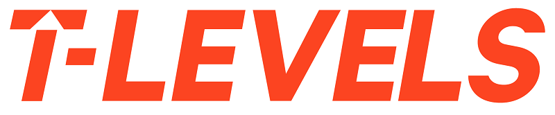 Bold red text spelling "T-Levels" with a stylized design, featuring an upward arrow above the "T."