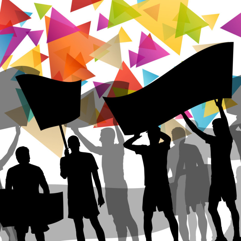 Silhouettes of people holding banners and flags against a colorful, abstract background with geometric shapes.