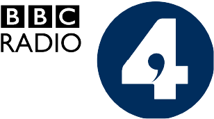 BBC Radio 4 logo featuring the text "BBC RADIO" and a stylized number "4" in a blue circle with a quotation mark design element.
