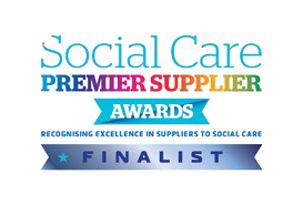 Logo for the Social Care Premier Supplier Awards, featuring colorful text. The words "Social Care" are in blue, "Premier Supplier" in rainbow colors, and "Awards" in turquoise, with a banner below indicating "FINALIST."