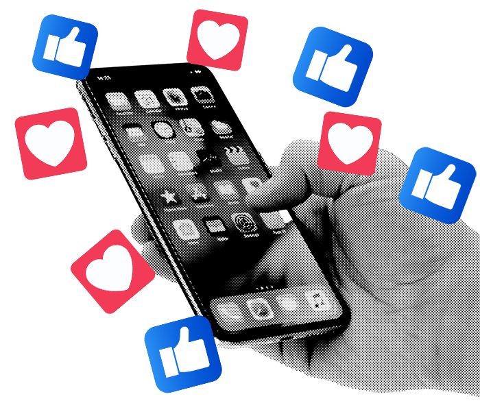 A hand holding a smartphone with various like and heart icons surrounding it, suggesting social media engagement.