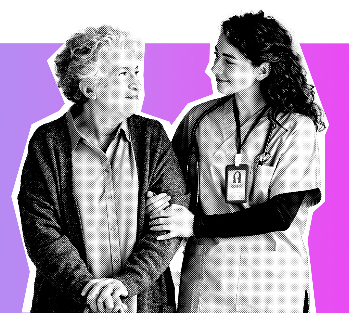 An older woman and a caregiver smile at each other, with the caregiver gently holding the older woman's arm. They are both in a supportive, warm interaction, set against a vibrant purple background.