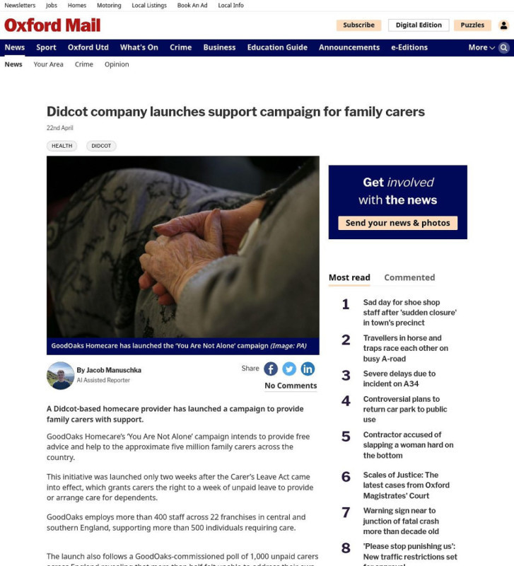 A close-up of hands clasped together, highlighting intimacy and support. In the background, text from an Oxford Mail article discusses GoodOaks Homecare's new campaign for family carers.