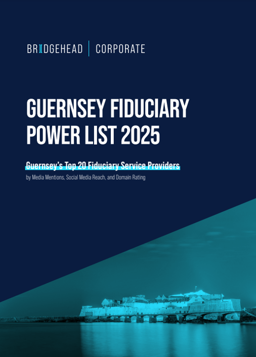 Cover of the report titled "Guernsey Fiduciary Power List 2025," featuring a blue-themed design with the subtitle "Guernsey's Top 20 Fiduciary Service Providers" and credits to Media Mentions, Social Media Reach, and Domain Rating. The background shows an image of a coastal area in Guernsey.