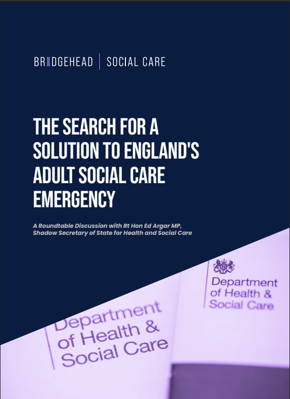 A promotional graphic for a roundtable discussion titled "The Search for a Solution to England's Adult Social Care Emergency," featuring logos of Bridgehead and the Department of Health & Social Care.
